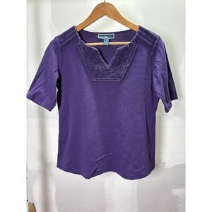 Karen Scott Purple Short Sleeve Split Neck Embroidered Cotton Top Size M